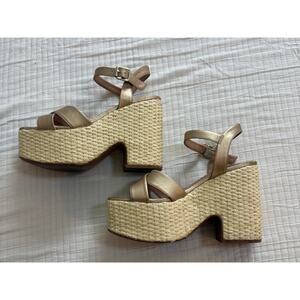 Steven women Rattan Platform Wedge Gold Strapy Sandal Size 7
